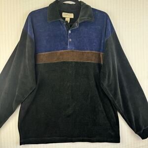 Utopia Vintage Velour Long Sleeve Polo Shirt Medium Vintage Black Color Block